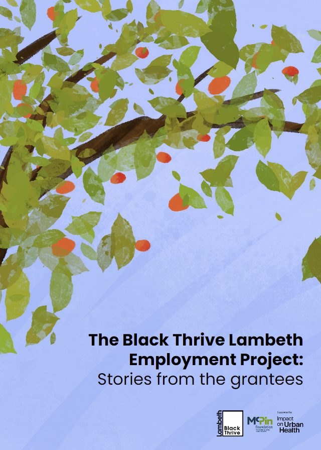 Picture of animated lush green tree against blue background with following text below: The Black Thrive Lambeth Employment Project: Stories from the grantees
