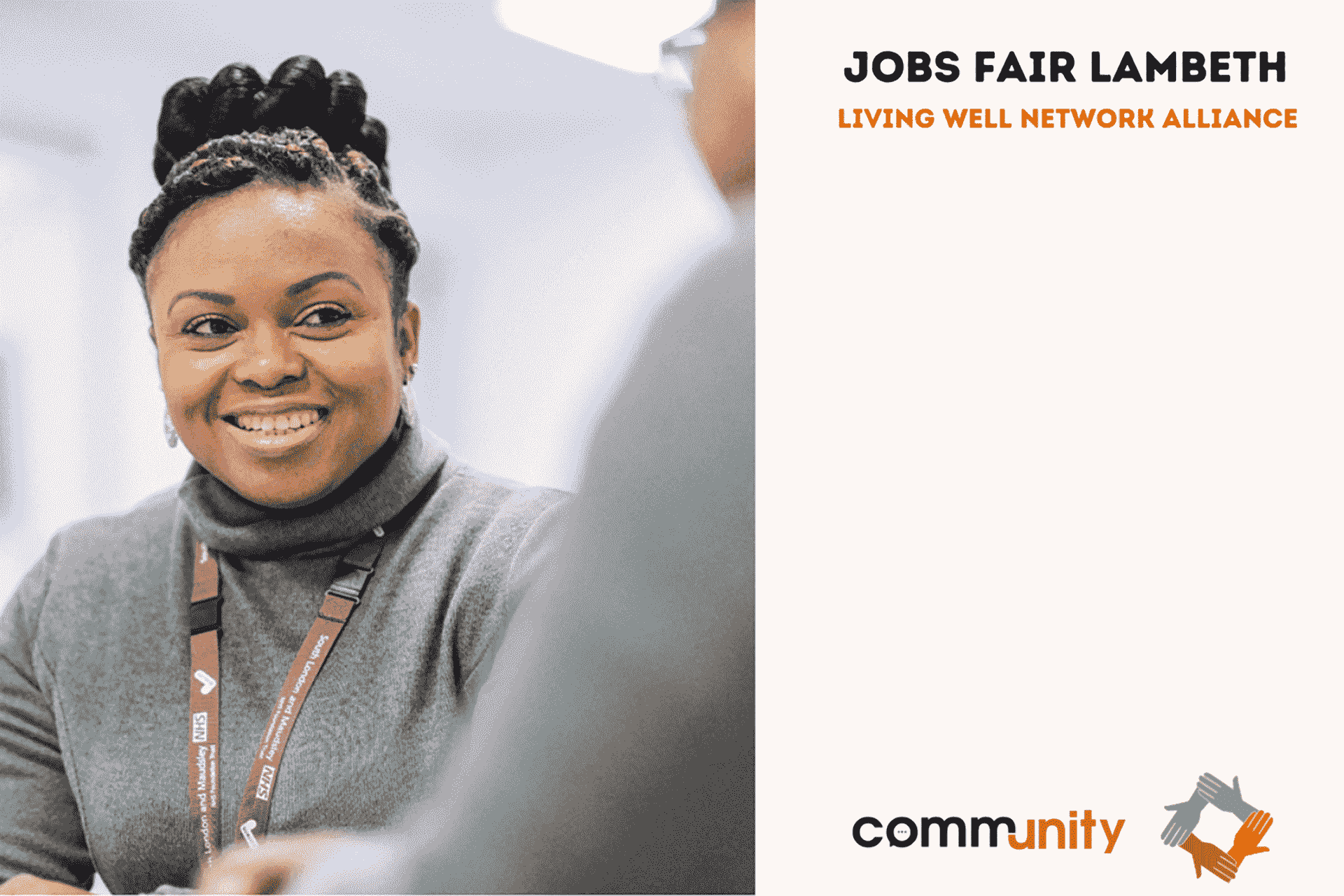 Cover photo image of a Black woman smiling. Text says: Jobs Fair Lambeth, Living Well Alliance Network